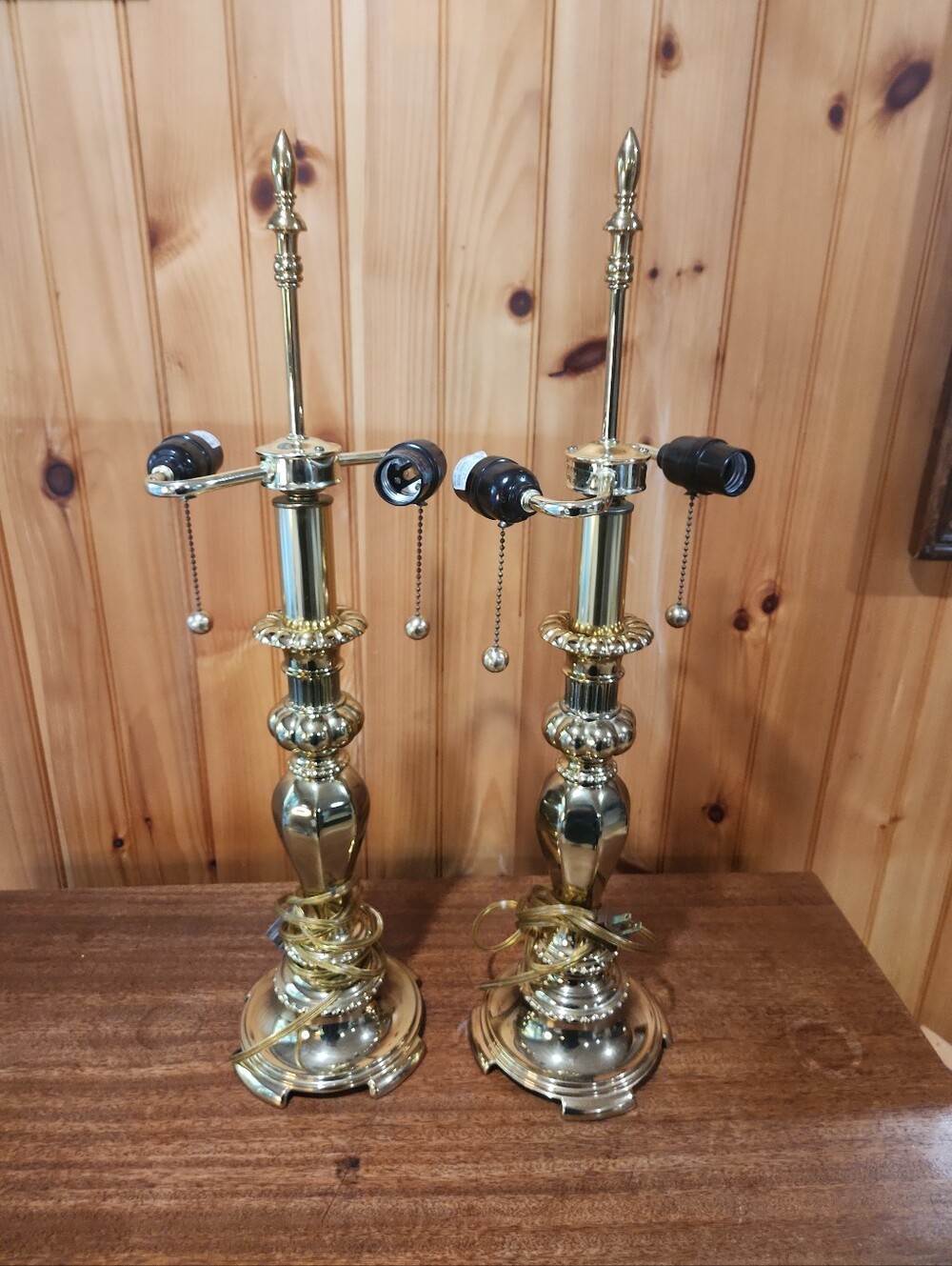 27in Vtg.Tall Brass 2Bulb Chain Switch Table Lamps